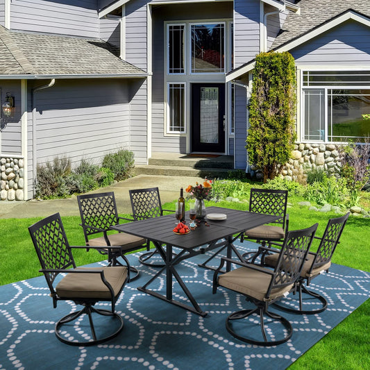 7-Piece Patio Dining Set with Cushions, 6 Swivel Chairs & 63" Rect Table (1.6"-2" Umbrella Hole)